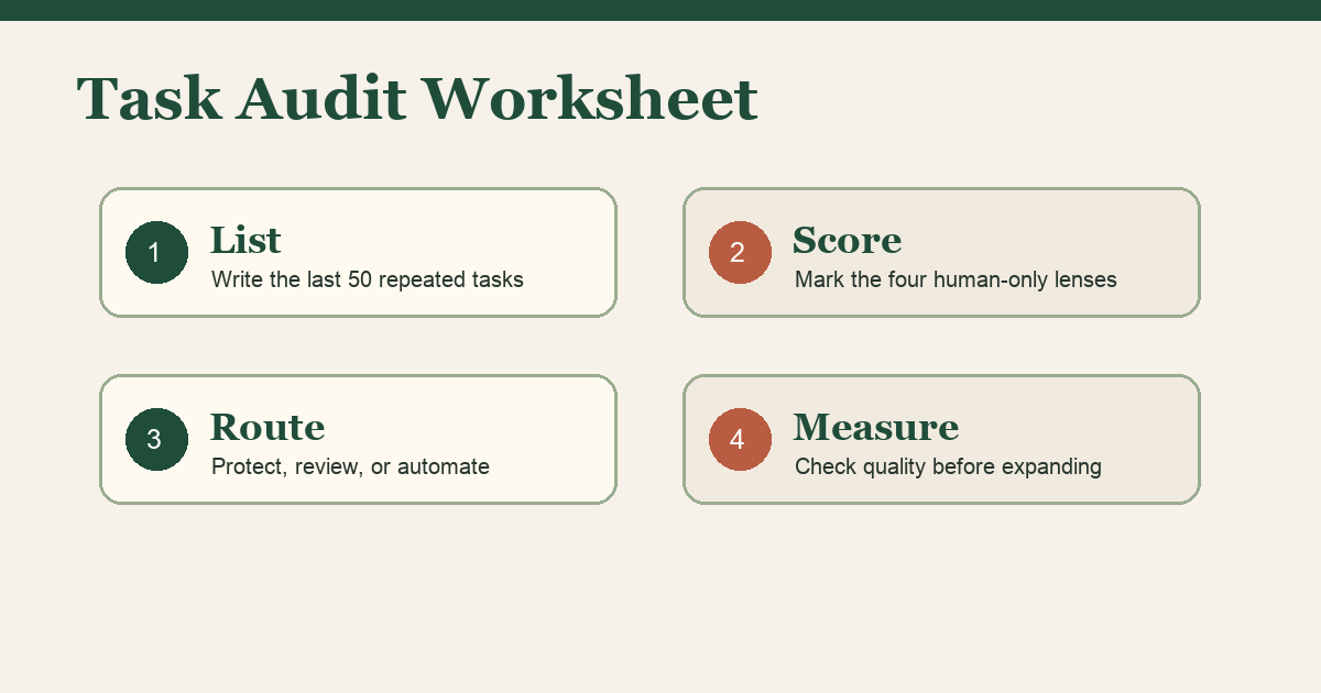 Task audit worksheet showing a table with columns for task name, Physical Presence (Y/N), High-Stakes Judgment (Y/N), Relationship and Trust (Y/N), Genuine Creative Breakthrough (Y/N), and final classification (Protected Zone or Automation Pool). Sample rows filled in with example tasks from a business owner's week.